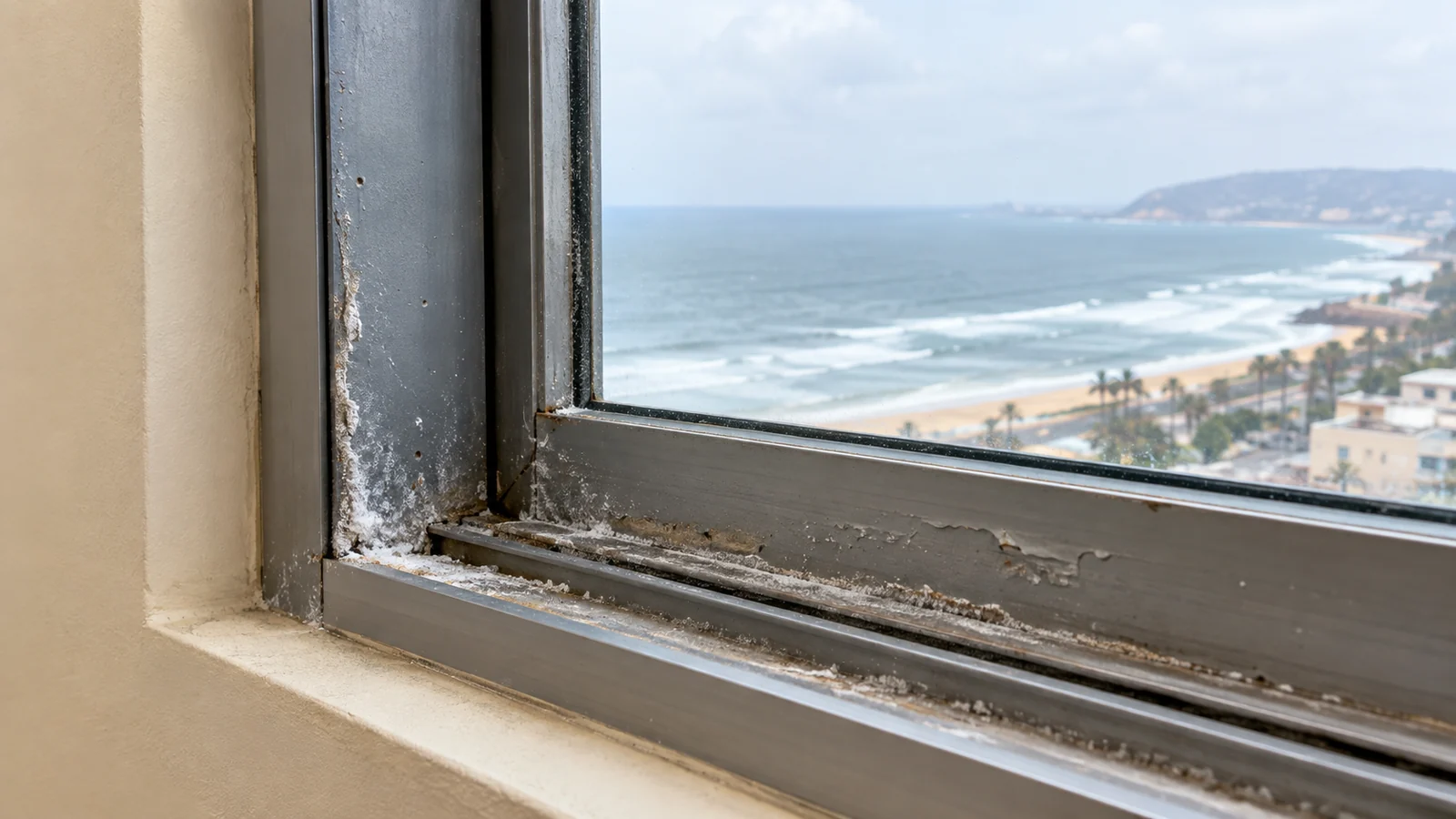 Corroded aluminium sliding window frame in a sea-facing Visakhapatnam apartment, before replacement with uPVC — Mason uPVC